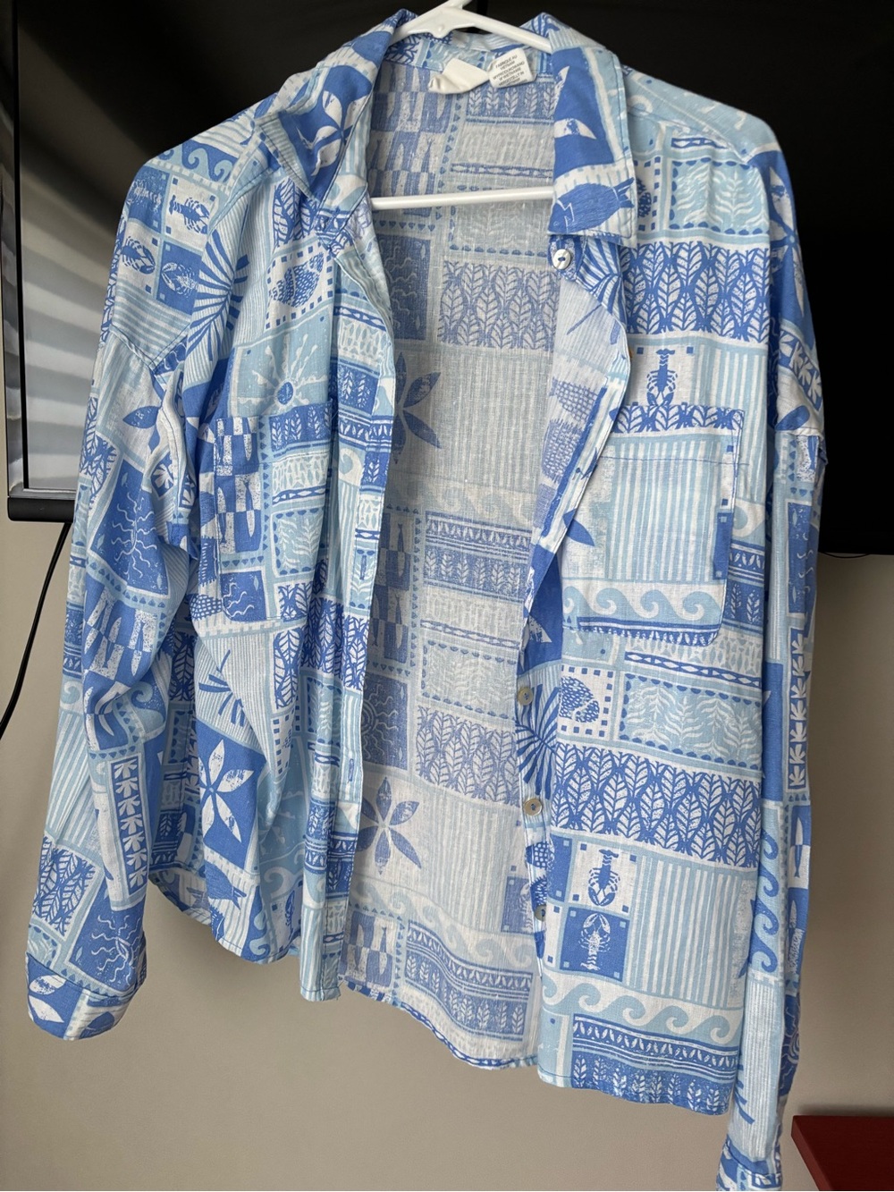 C&C California Blue and White Patchwork Print Button-Up Blouse